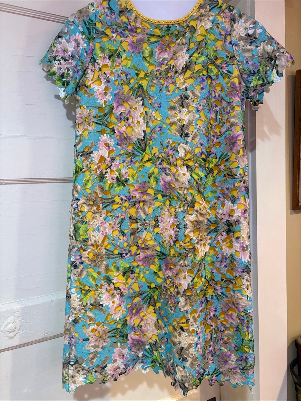 Alivia Simone Turquoise Floral Lace Overlay Dress with Yellow Accents